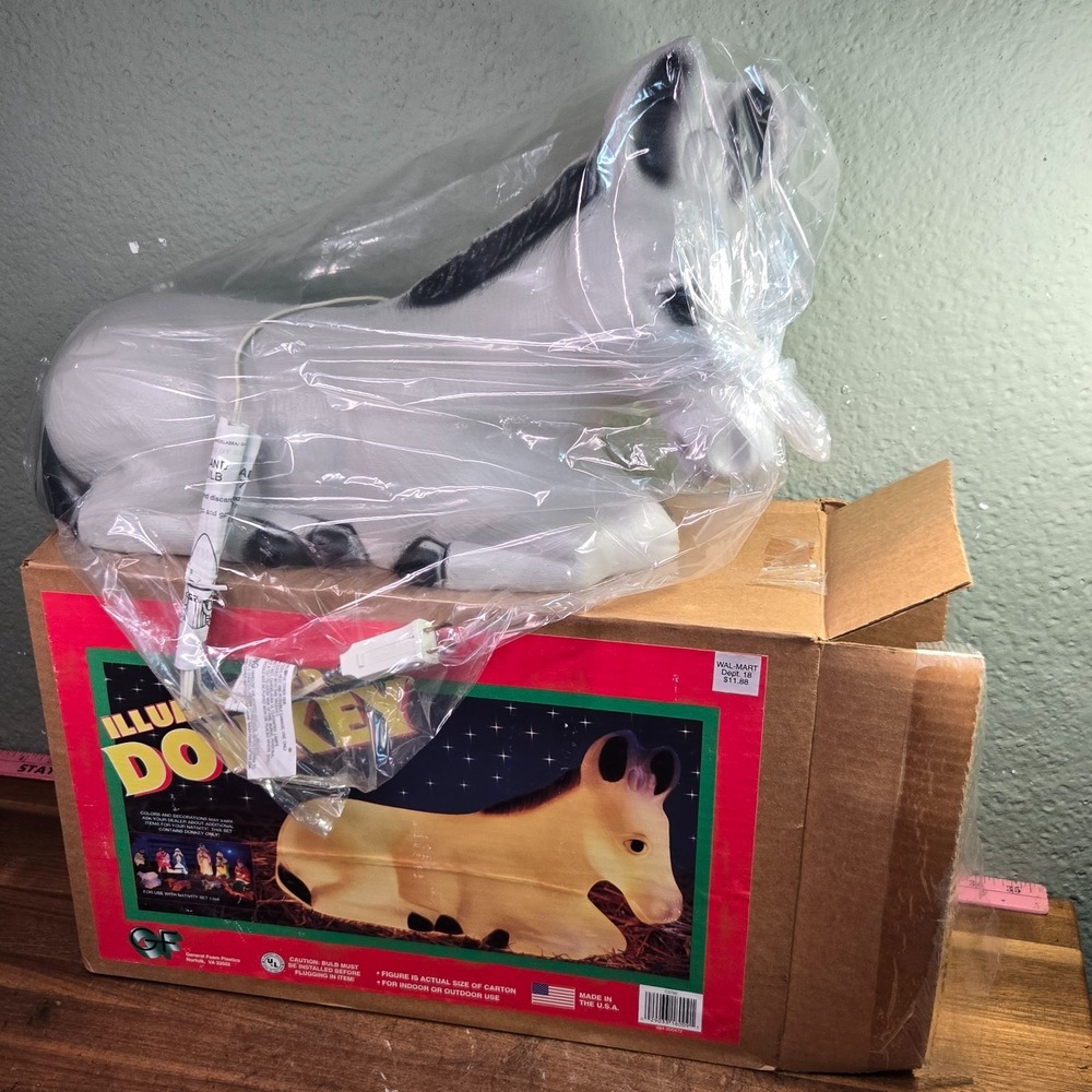 Vintage General Foam Illuminated Donkey Lighted Blow Mold 18" Nativity With Box